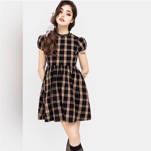 Disturbia Plaid Babydoll Mini Dress Puff Sleeve Goth Dark Academia US 10